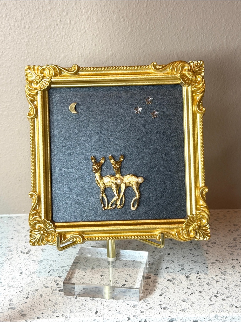 Framed Vintage Avon Deer Miniature Art w/ Moon & Stars